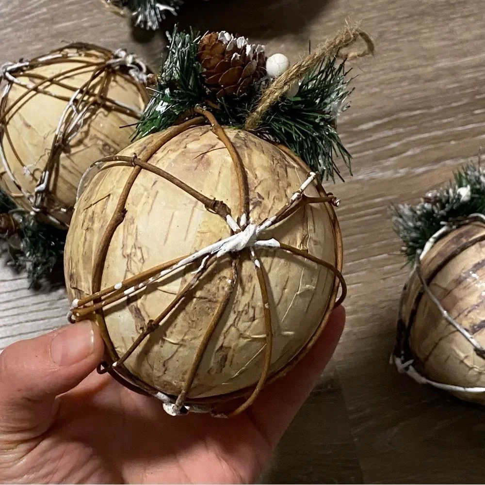 Large birch bark rustic glitter snowy holiday Christmas tree Ornaments set of 4